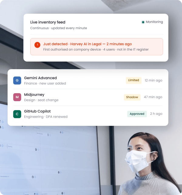 Live SaaS inventory feed with real-time detection alerts
