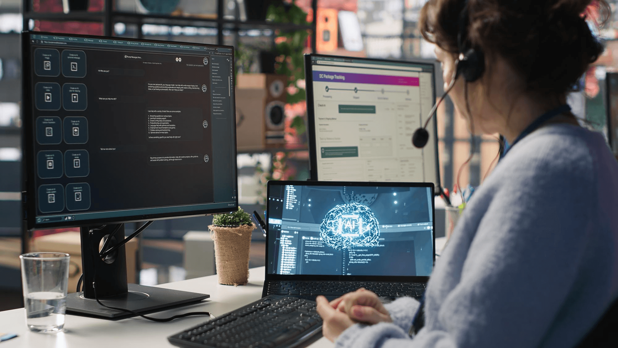 Team member at a multi-monitor workstation with compliance dashboards